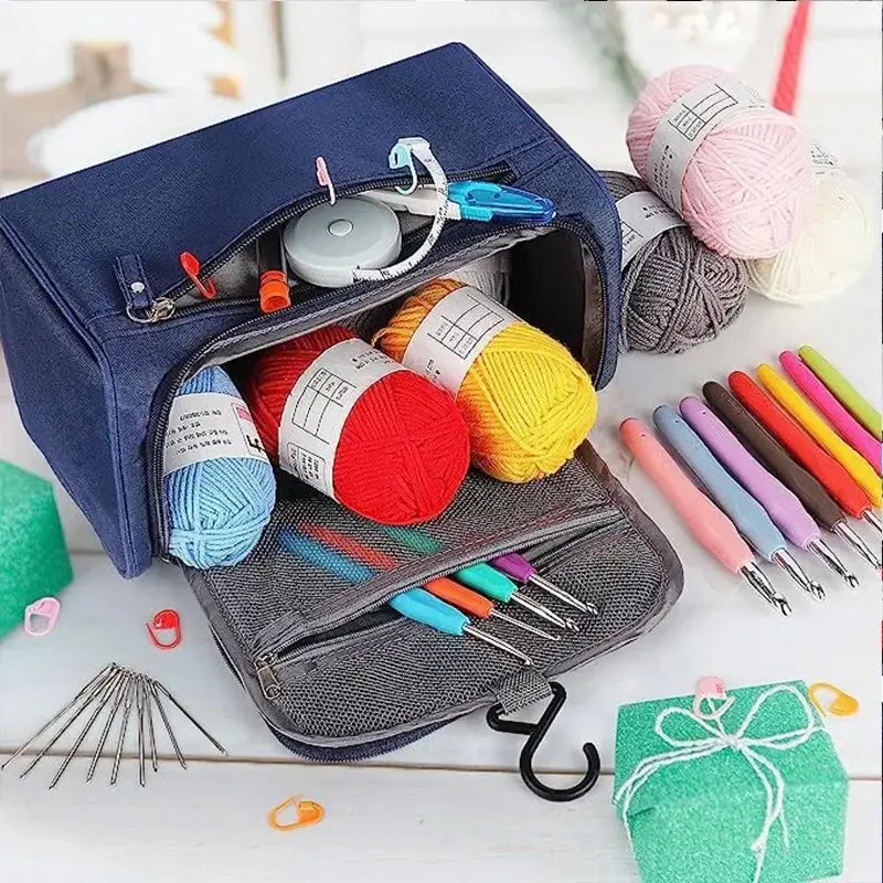 

Набор для начинающих из 46 предметов: крючки для вязания, пряжа, портативная подвесная сумка темно-синего цвета, 12 цветов пряжи, аксессуары для вязания.