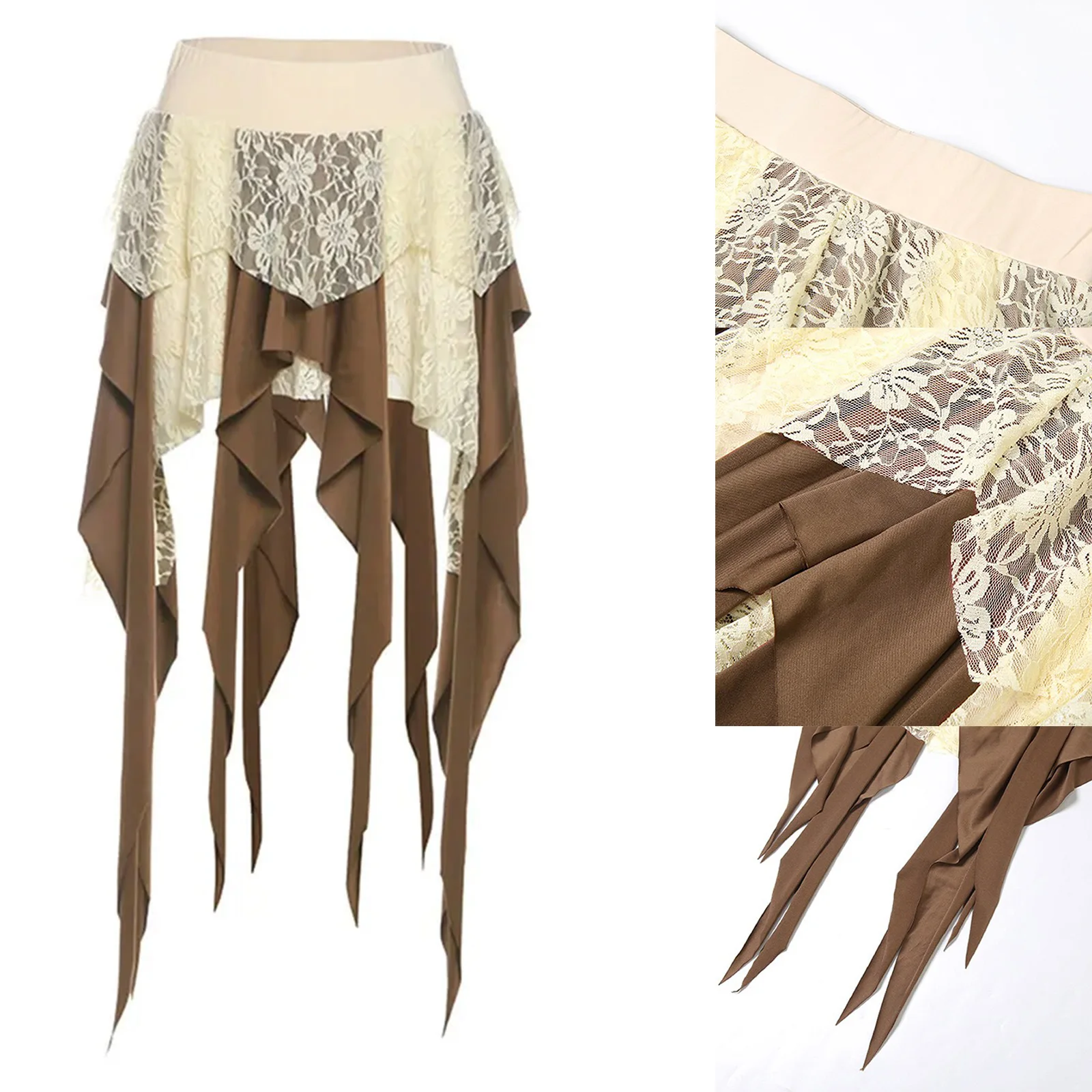 

Womens Vintage Irregular Skirt 1990s Rock Costume Floral Lace Cascading Ruffles Tiered Hem Skirt for Cowgirl Party Outfits