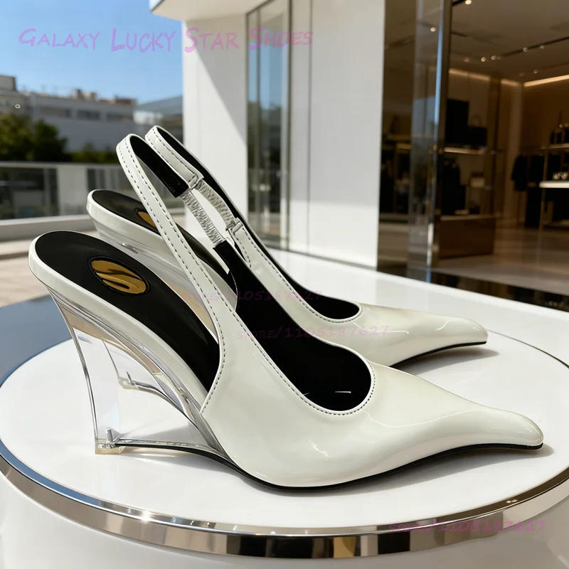 

Crystal Wedge Sandals Girls White Patent Leather Pointed Sexy Black Shiny Woman Ankle Buckle Heels Office Lady Party Dress Shoes