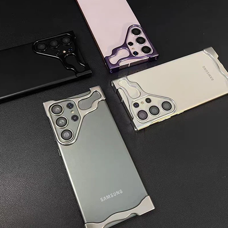 Funda de teléfono con parachoques de aleación de aluminio irregular para Samsung Galaxy S23 S24 Plus 25, película protectora de lente Ultra, cubierta de Metal a prueba de golpes