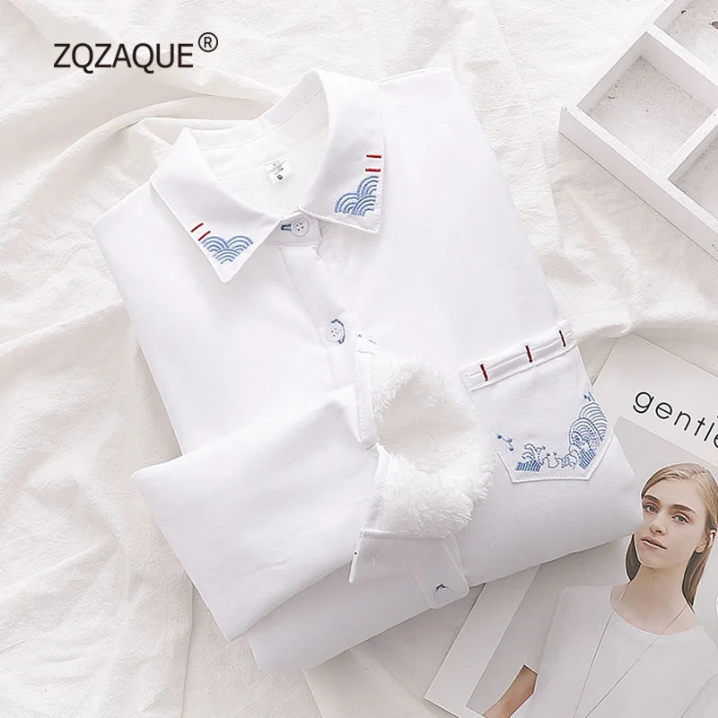 Women's Thickened Fleece Blouse, Loose Bottom Tops, Long Sleeve, White Color, Embroidery, Good Quality, Autumn, Winter