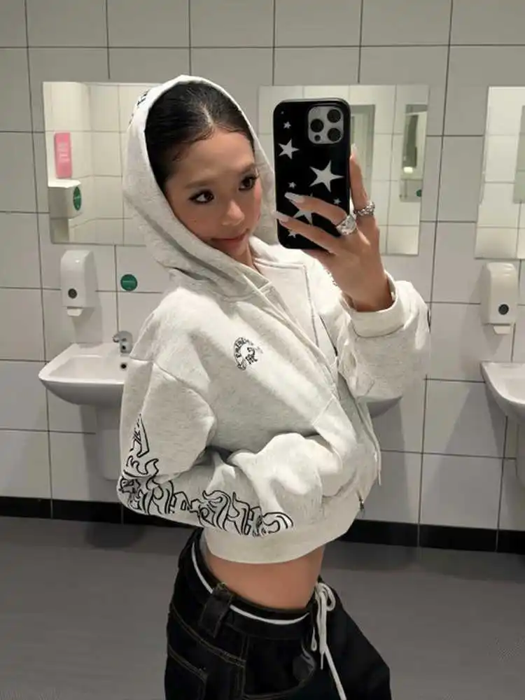 

Готический укороченный кардиган без рукавов с капюшоном, повседневный, с длинными рукавами, с буквенным принтом, корейская версия, женский, для ранней осени