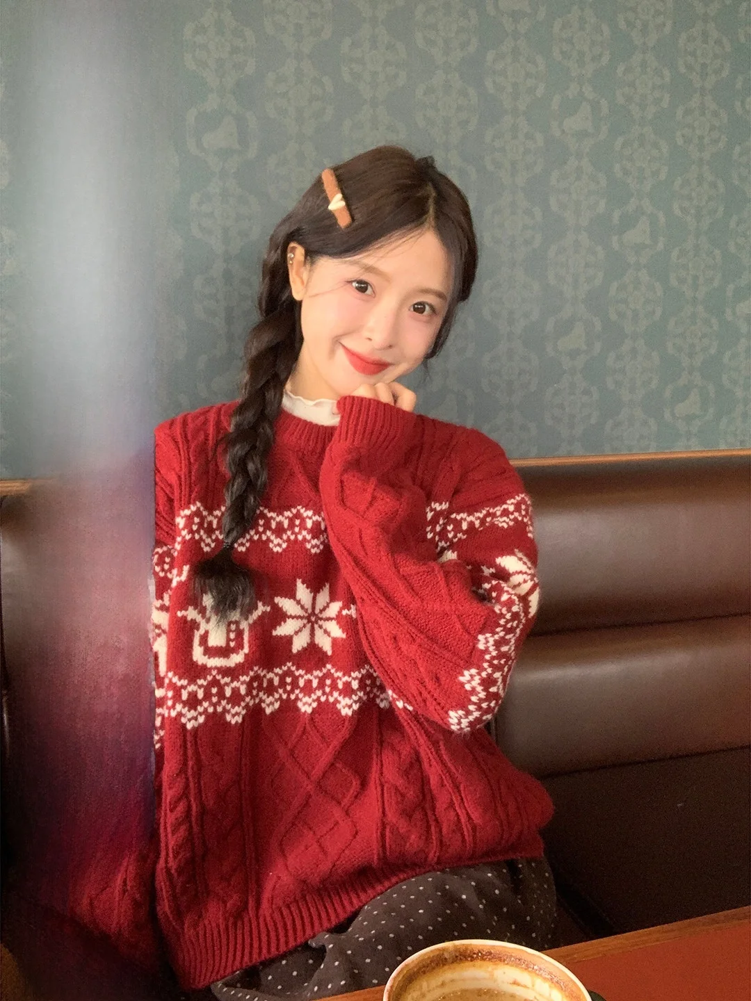 

Red Knitted Sweater Women's Faion Cisas Sle round Ne Loose Fit Winter Top Aosphere Sensation Vintage Lazy Slimming