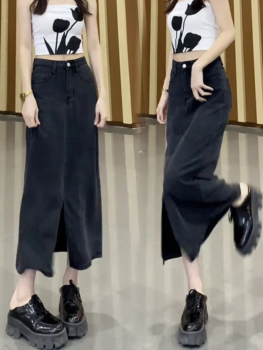 กระโปรงทรงเอเอวสูงความยาวปานกลาง ผ้าเดนิม ผ้าไหมน้ำแข็งบางเบา ไซส์ใหญ่ แฟชั่นฤดูร้อนสำหรับผู้หญิง สไตล์หวานแบบนักเรียน