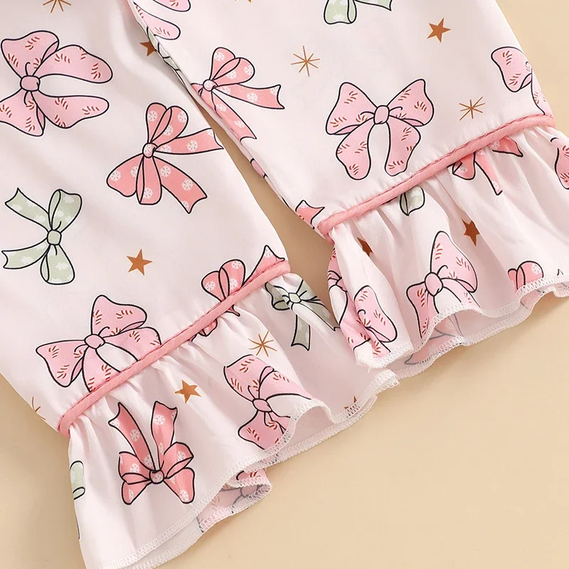 Kids Baby Girls Christmas Pajamas Set Gingerbread Man/Bow Print Long Sleeve Lapel Button Shirts Tops Pants Sleepwear