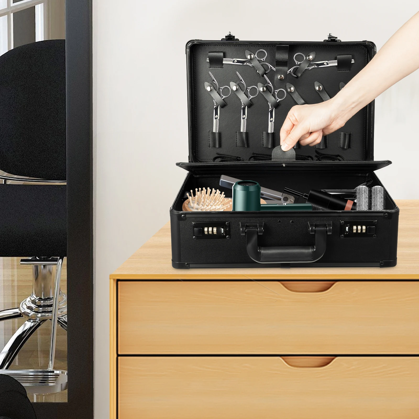 黒色理髪ツールボックス、理髪ツールボックス、サロン用大容量プロ用ヘアキットオーガナイザー収納ディスプレイボックス