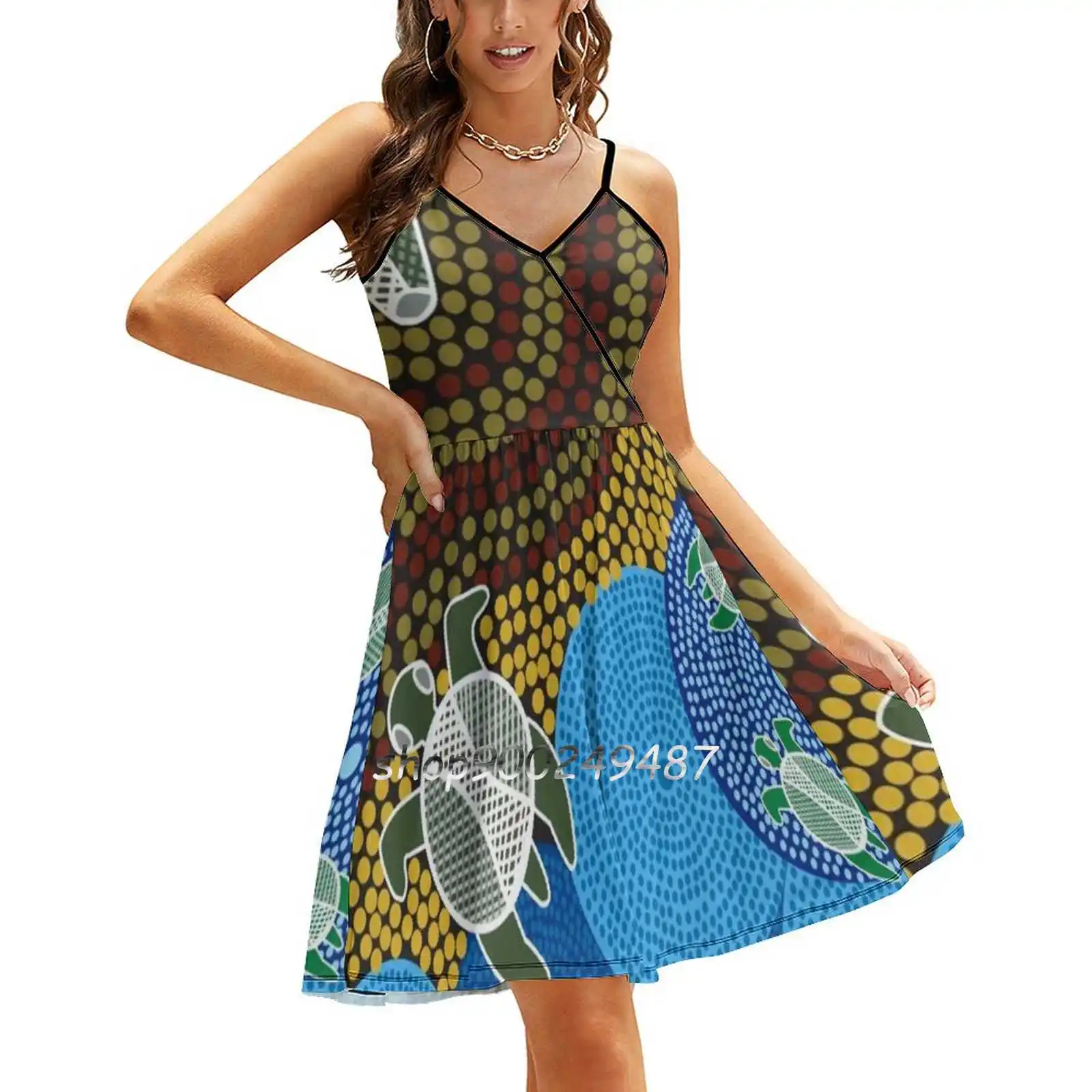 Australian Aboriginal Sea Turtles Sling Dress Women Summer Printing Condole Belt Dresses Australian Aboriginal Sea Turtles