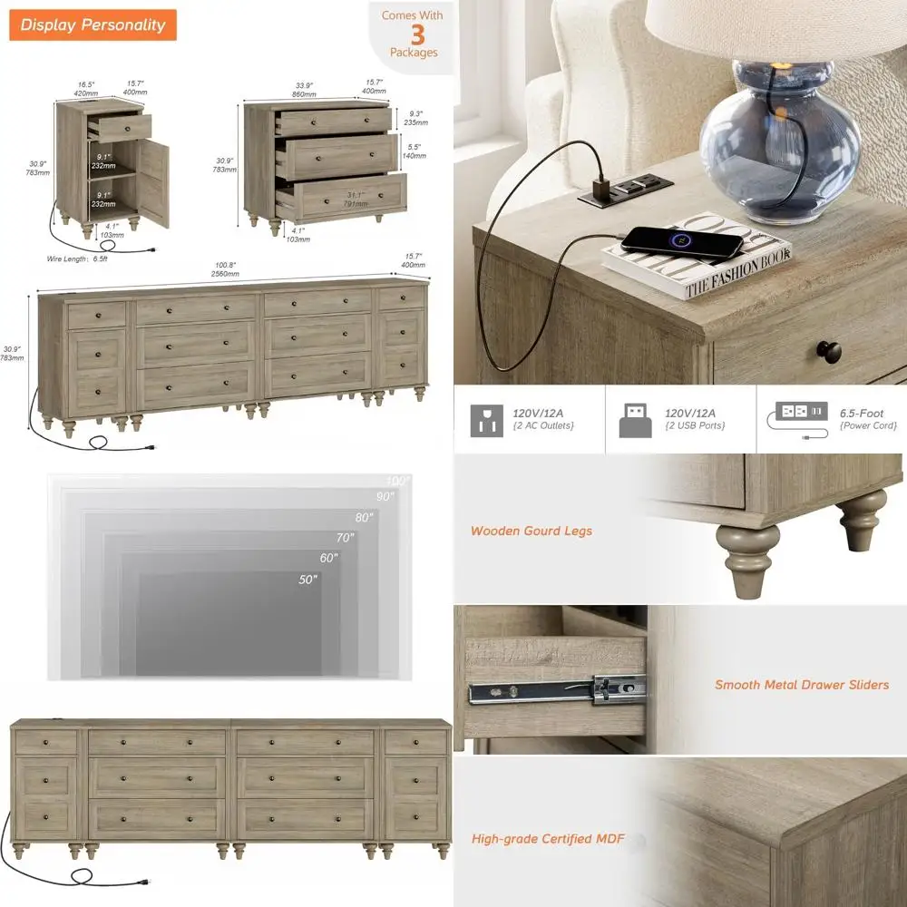 

8-Drawer 100 TV Stand, Entertainment Center for 75-90 TVs, 3-Drawer Kids Dresser, Charging Nightstands in Washed Grey