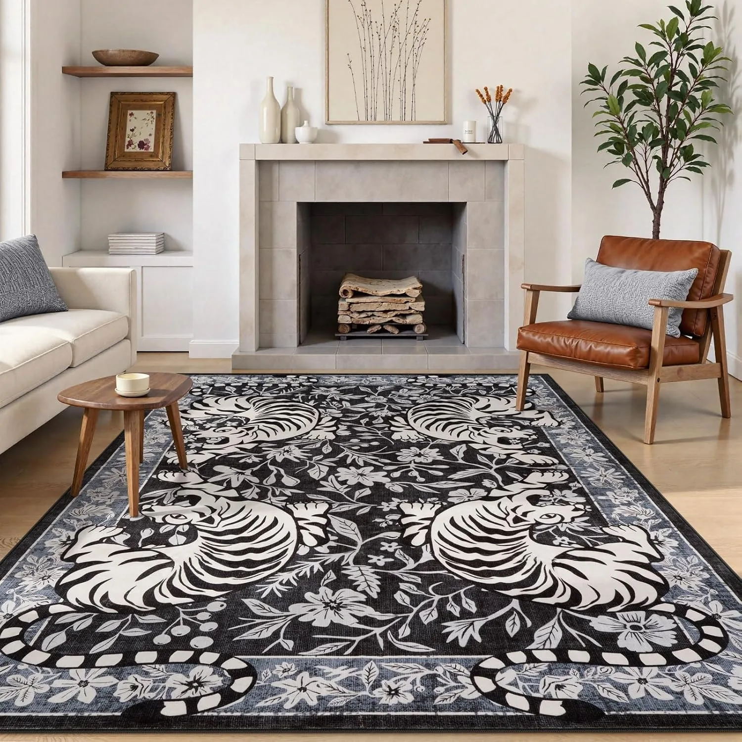 

Living Room Carpet Non-slip Soft Machine Washable Floor Mat Retro Black Tiger Easy To Fold Rug Bedroom Large Size Decorative Mat