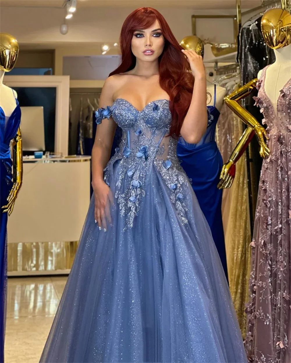 Grey-blue Glitter Prom Dresses 3D Flowers Tulle Prom Formal Occasions Party  Dresse 2025 Vestidos De Noche Custom Made - AliExpress 320