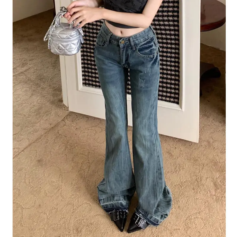 QWEEK Vintage Blue Flare Jeans Woman  America Retro Y2k Straight Denim Pants High Waist Office Lady Streetwear Wide Trousers