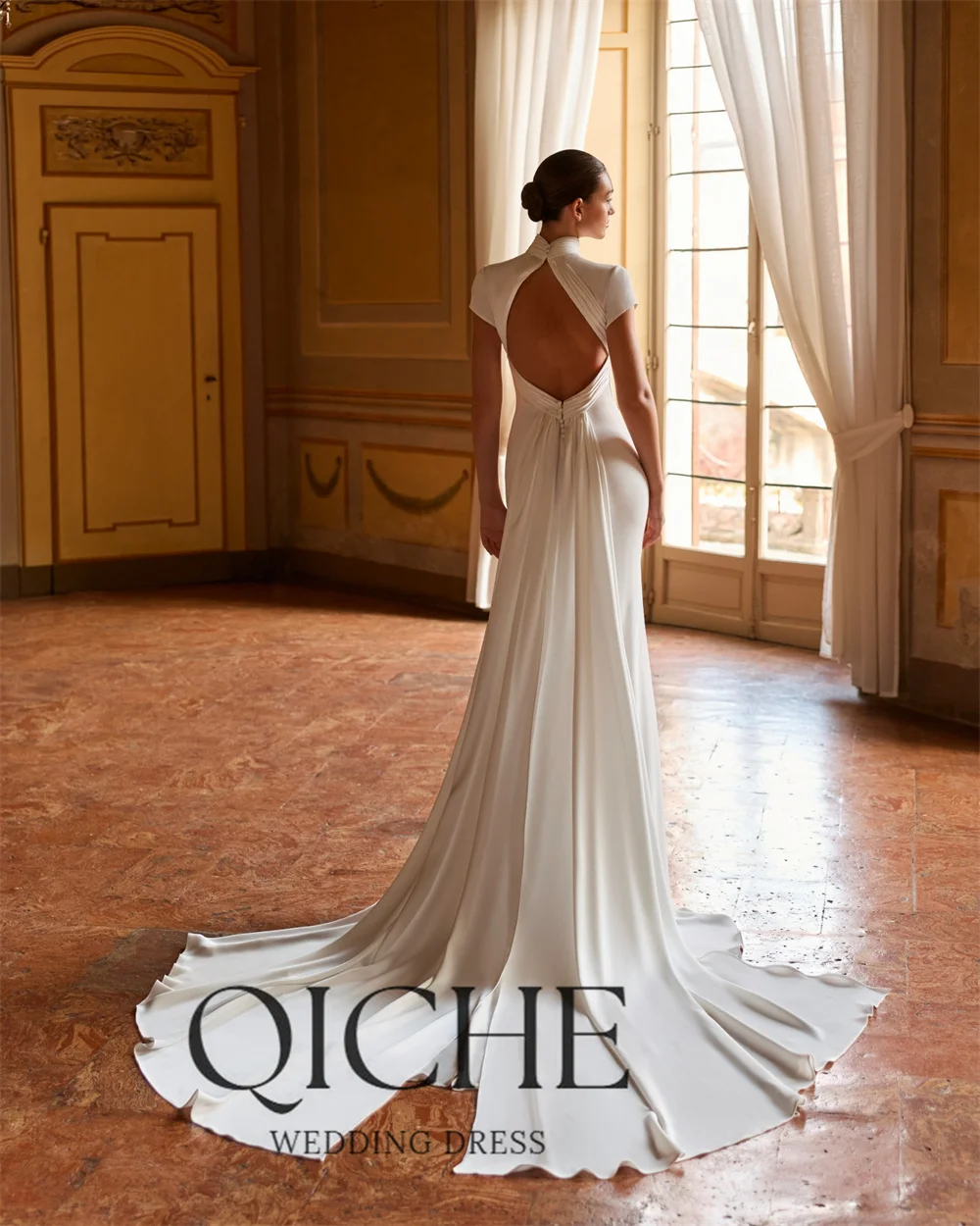 QICHE Elegant High Collar Mermaid Wedding Dress Women 2026 Cap Sleeves Open Back Bridal Party Gown Vestido De Noiva Customized