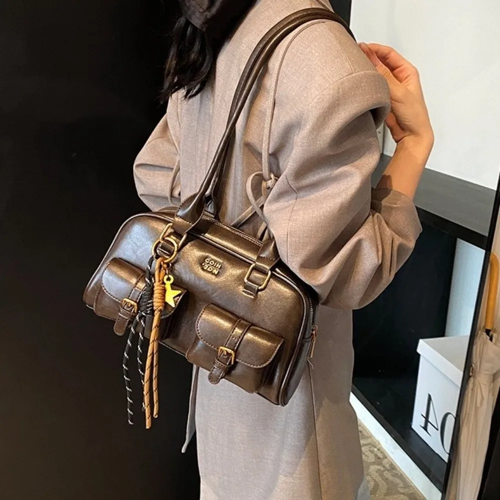 

Portable JK Leather Shoulder Bag PU Leather Solid Color Bowling Bag Zipper Closure Handheld Hobo Bag Gift