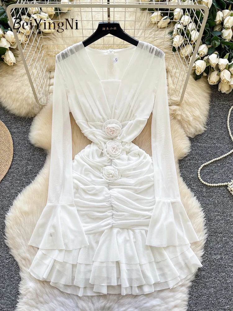 

Сексуальное облегающее платье Beiyingni с V-образным вырезом, 3D-цветами, драпировкой, сетчатыми длинными рукавами, подчеркивающее фигуру, для вечеринок, с оборками, клубное платье для женщин