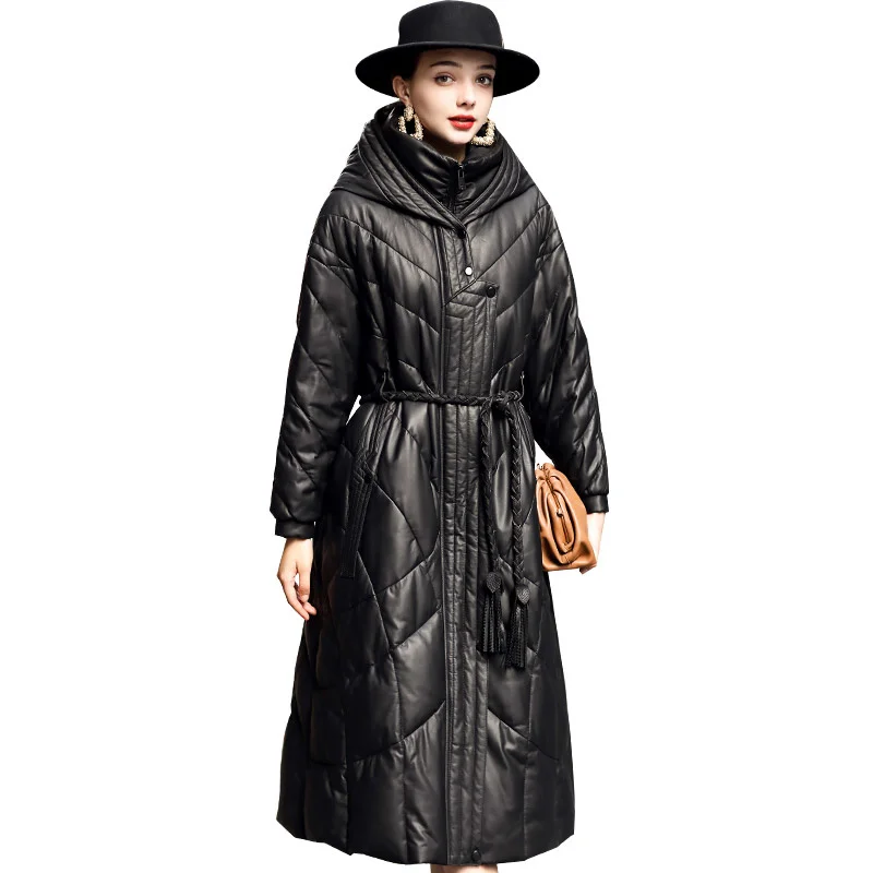 for Patty's reputation genuine leather down jacket, women's mid length 2022 winter sheep skin hood, European loose fitting