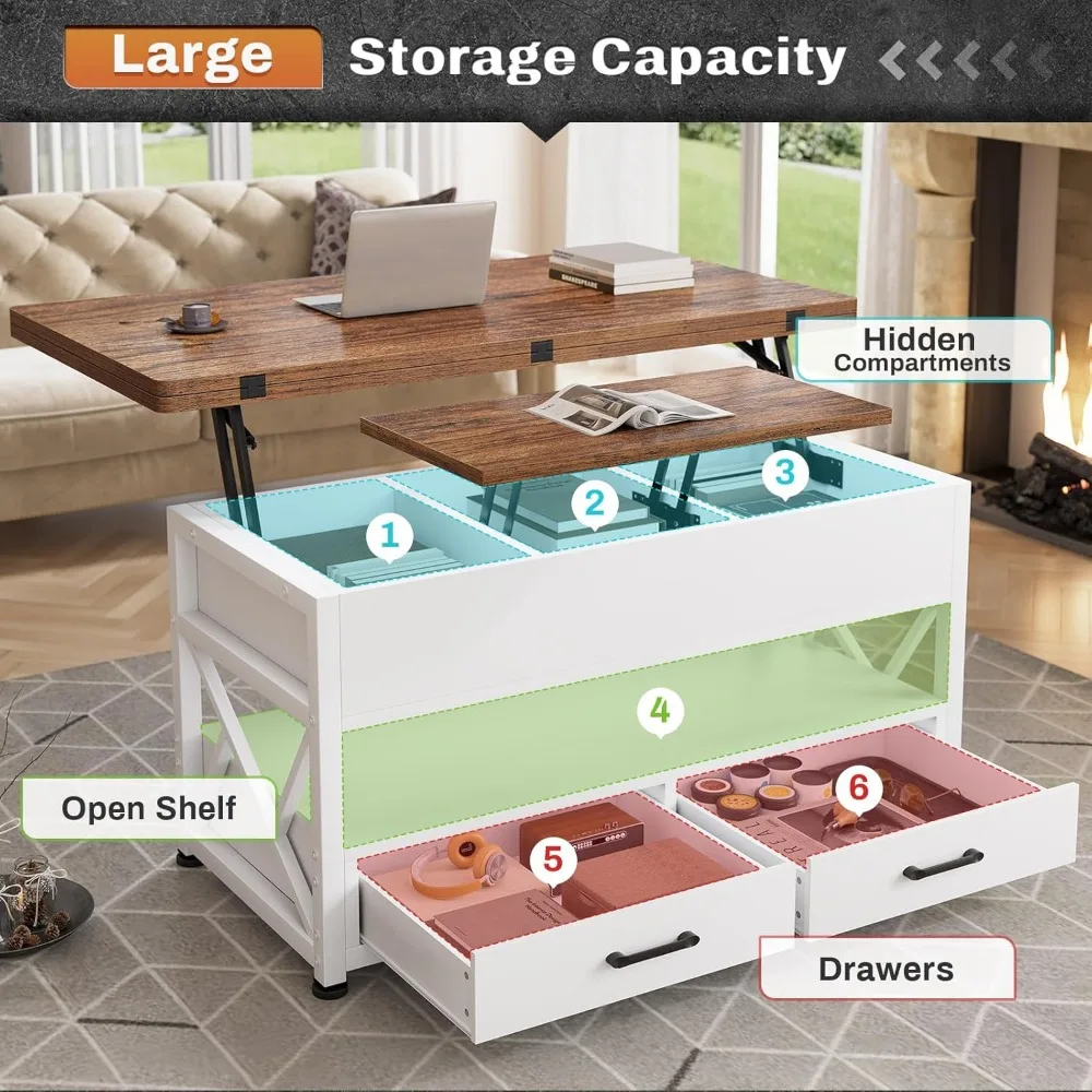 Table basse éclairée par LED avec tiroirs de rangement et plateau relevable pour le salon, solution blanche 4 en 1 pour petit espace