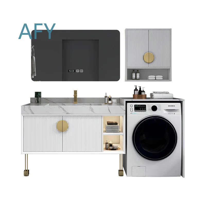 Modern Minimalist Solid Wood Slate Bathroom Cabinet for Washing Machine Balcony Laundry Storage Unit with Integrated Drum