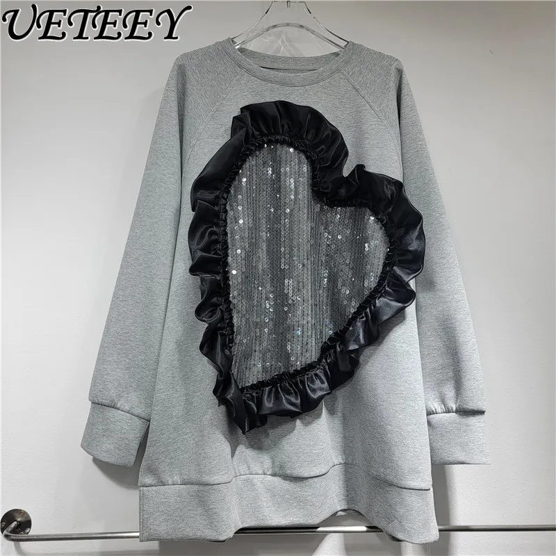 European Station Autumn New Fashion Crew Neck Pullover Love Sequins Splicing Loose Long Sleeve Mid-length Sweatshirt for Women