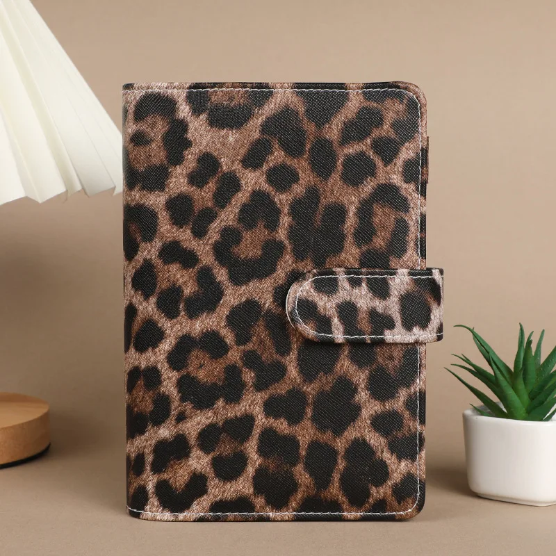 A6 Loose-Leaf Budget Notebook Leopard Print Book Leather PU Notebook Book Binder Manual Book with Zip Bag Set Office Stationery