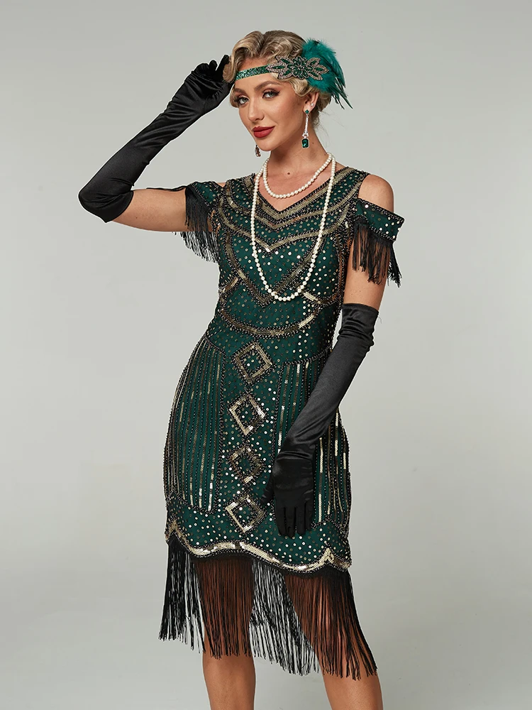 Vestidos de los Años 20, Vestidos Estilo Gran Gatsby para Mujer con Flecos, Disfraces de los Años 20 con Accesorios para Noches de Harlem