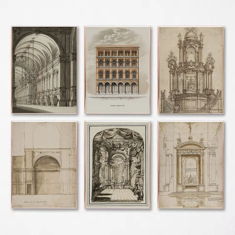 Vintage Drawing Sketch Geometric Architecture Church Dome Aesthetic Canvas Poster Wall Art Pictures Home Interior Decor