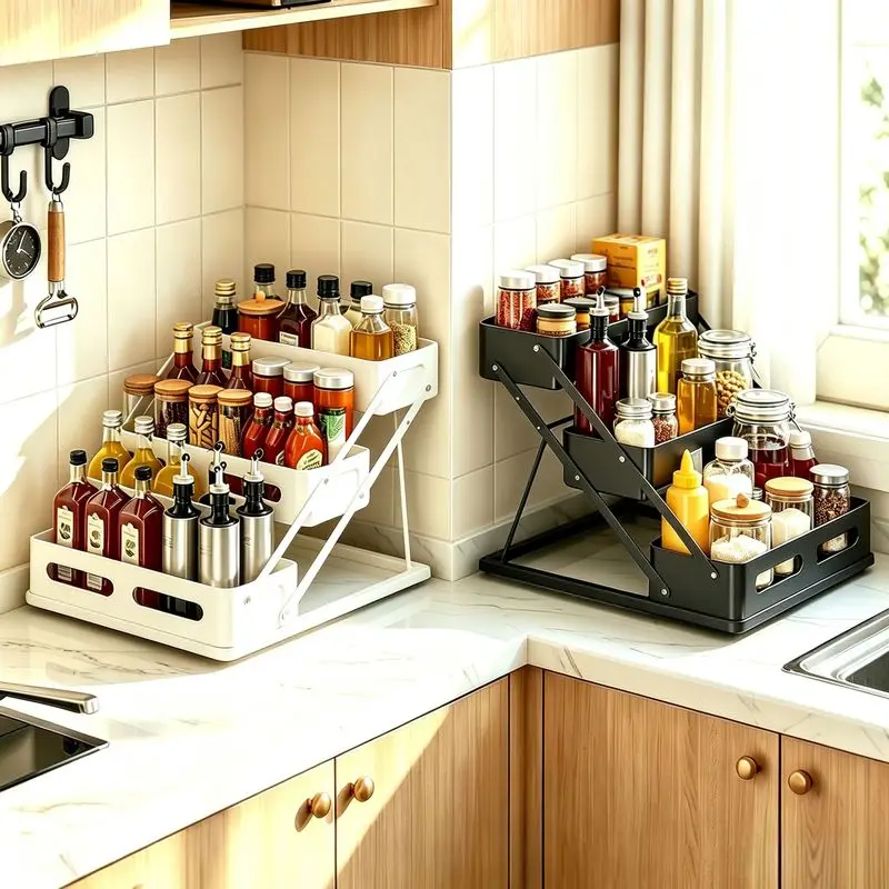 Foldable Multi Tier Spice Bottle Storage Rack No Assembly Required Countertop Kitchen Organizer