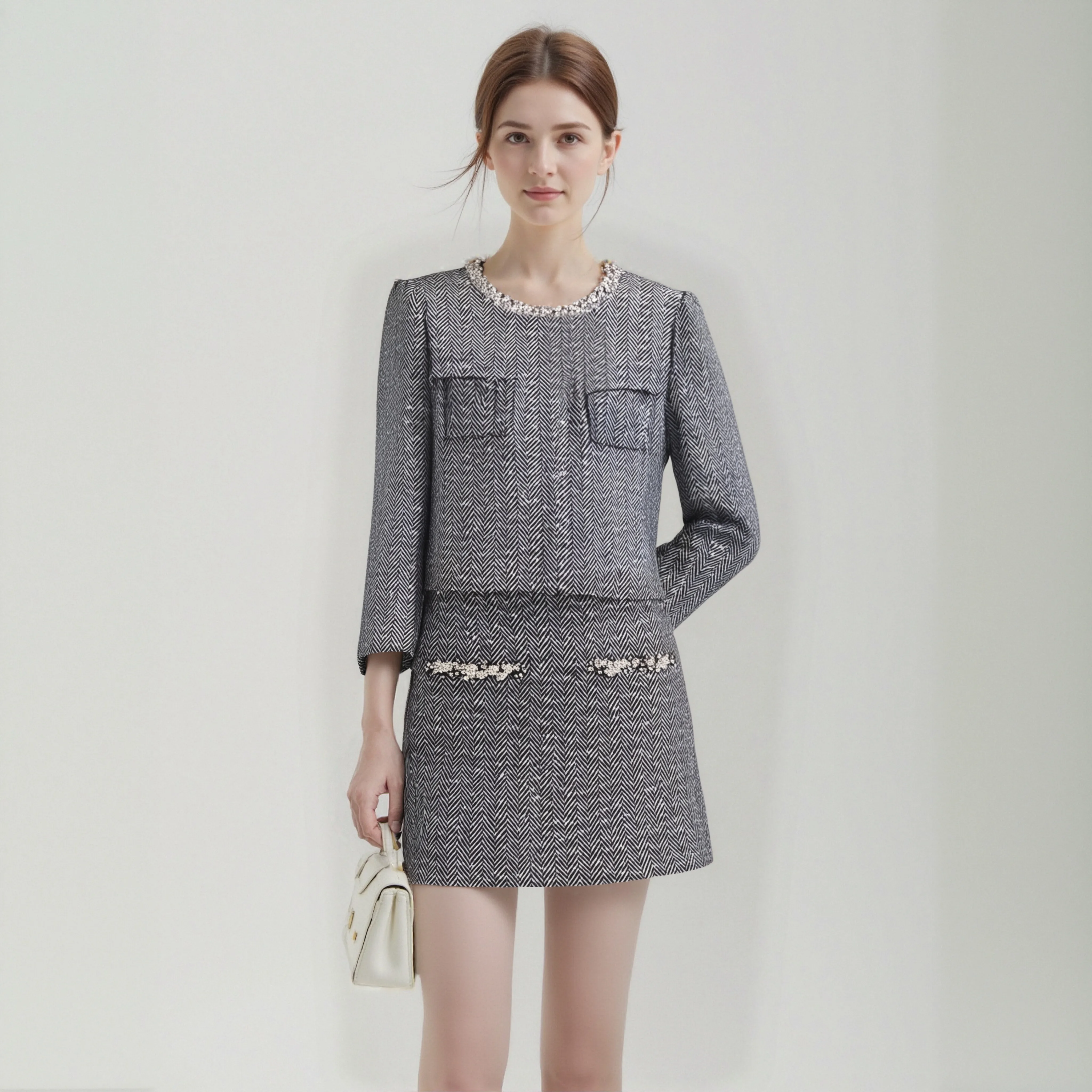 

Zhao Liying's same suit, bright star herringbone pattern small fragrance celebrity heavy industry diamond coat + short skirt