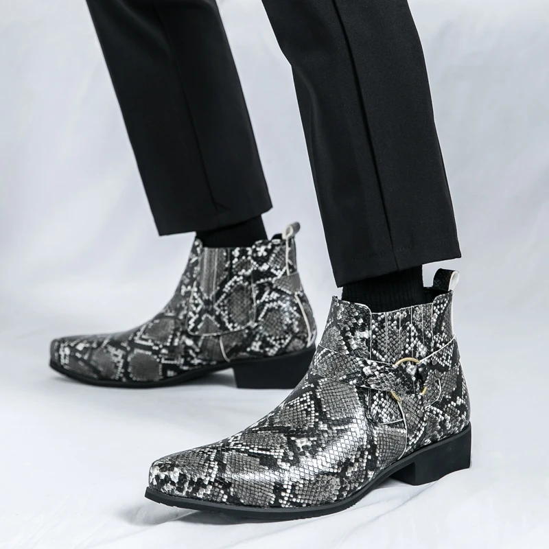2025 New Autumn and Winter Riding Boots Men's Chelsea Boots British Style Snake-Patterned Short-Top High-Top Leather Shoes