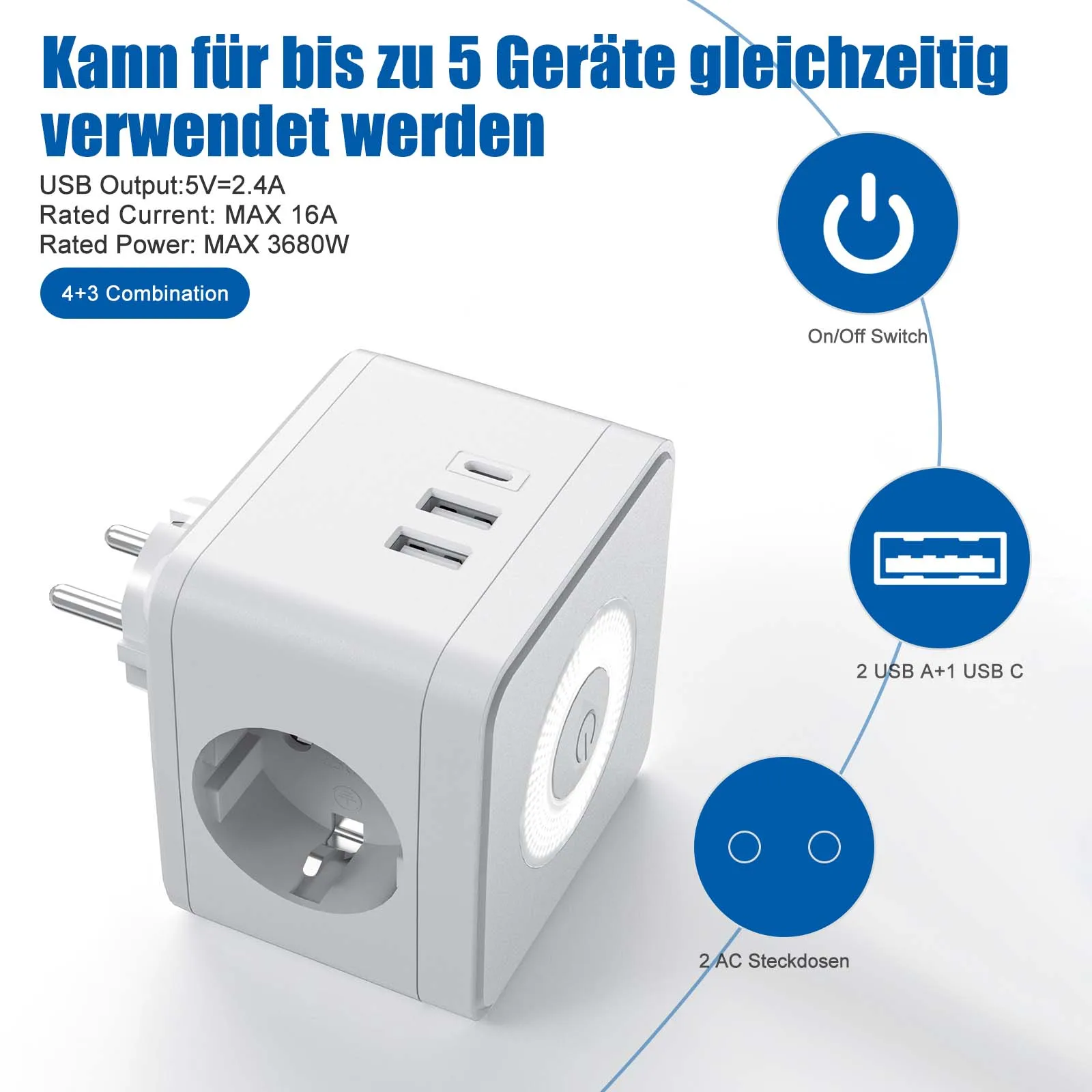 EU Power Strip Cube Multi Plug with 2 USB-A Type C Electrical Outlet Wall Socket with Night Light 3680W for Home Office