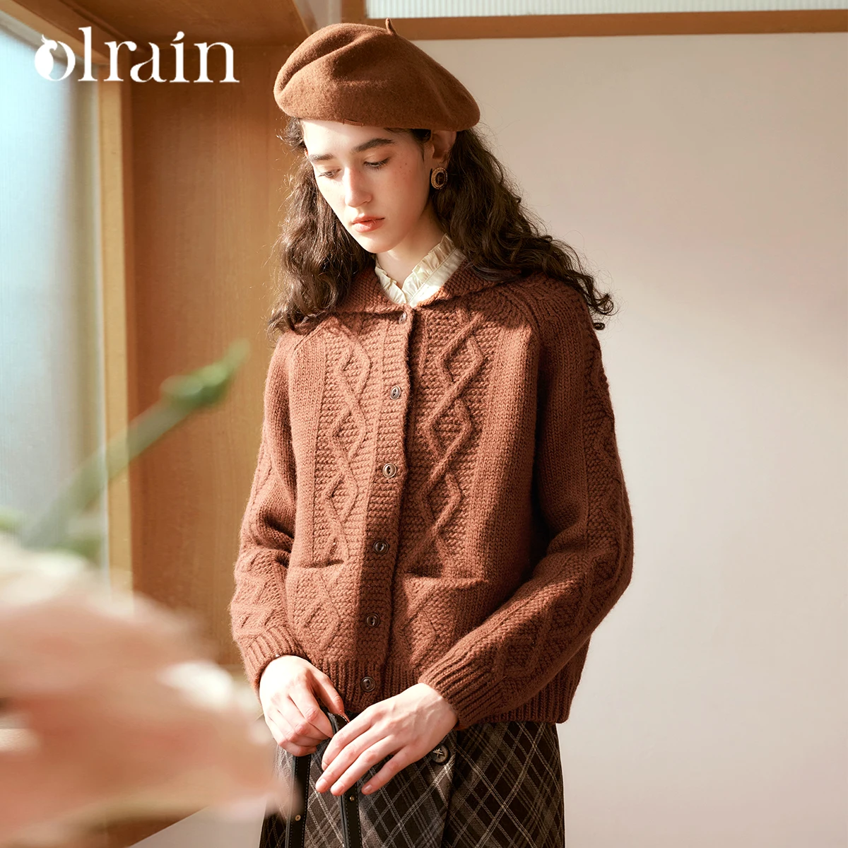 OLrain Cable Knit Cardigan for Woman 2025 Autumn New in Casual Turn-down Collar Sweaters Solid Soft Ladies Clothes E56QM93989
