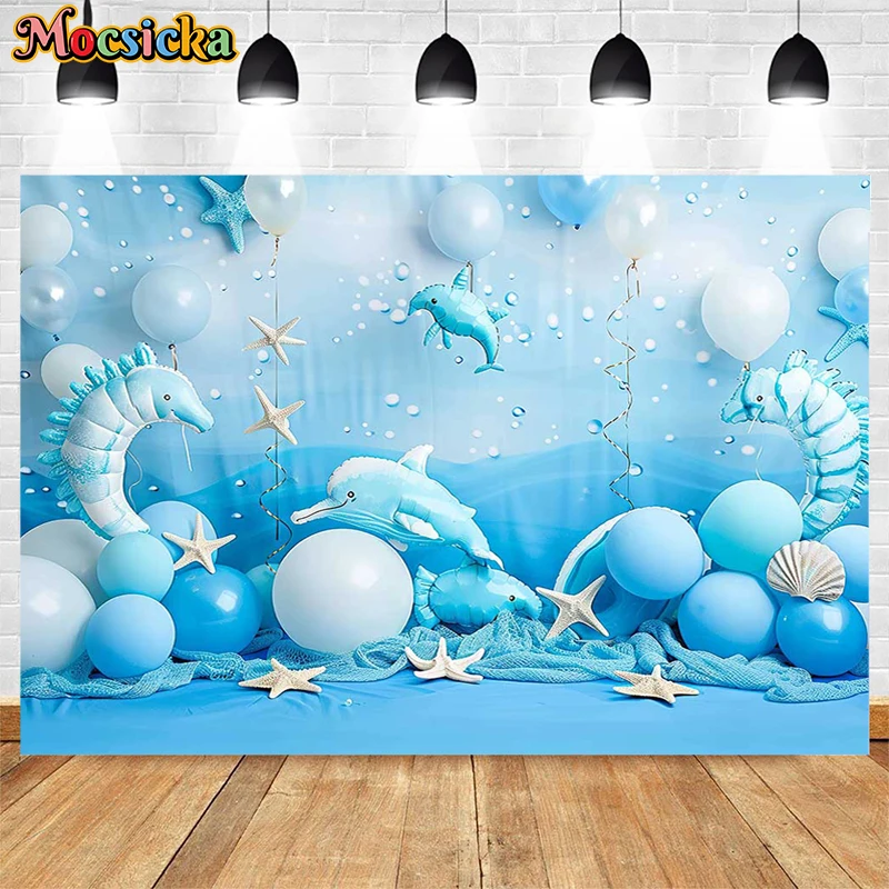 Mocsicka-Arrière-plan de photographie sur le thème de l'océan bleu, décor de ballon DolDave, gâteau Smash, baby shower, toile de fond de portrait d'enfants, studio photo