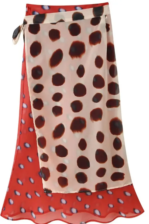 High Waist Wrap Tie Midi Skirt Contrast Leopard Print Flowy Irregular Hem Chiffon Skirts  double layer wrap skirt