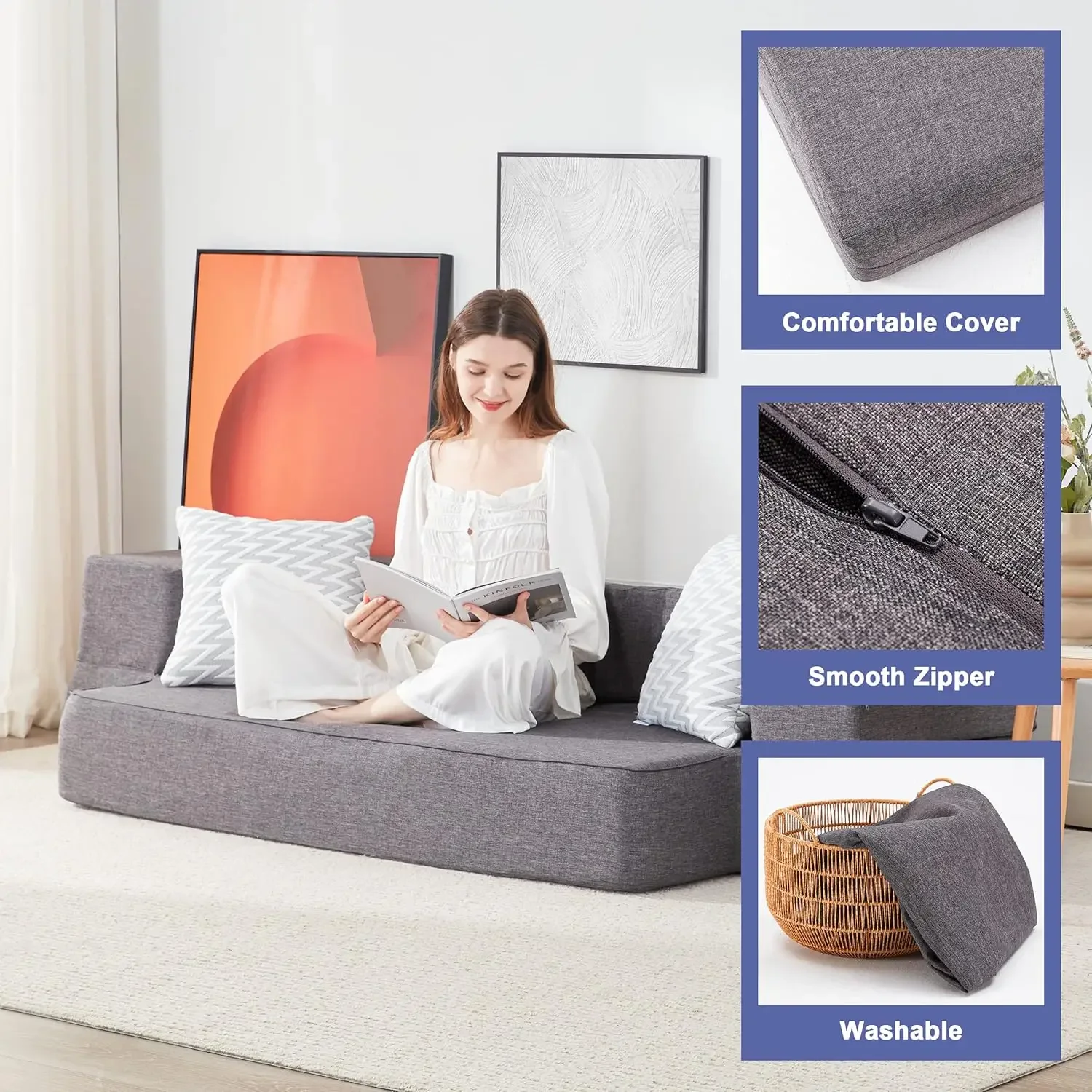 Sofá-cama dobrável com 2 travesseiros e capa lavável, colchão dobrável conversível para sala de estar, cama de hóspedes,