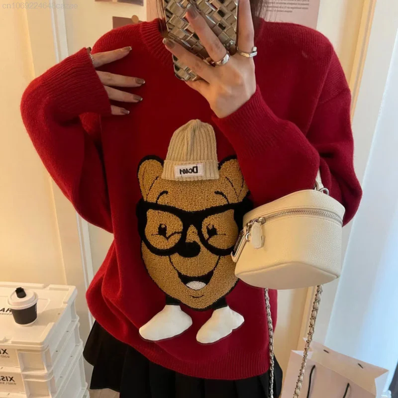 Disney Cartoon Pooh Bear Lotso Red Sweaters Korean Style Round Neck Soft Knit Pullovers For Women Y2k Autumn Winter Top Shirts