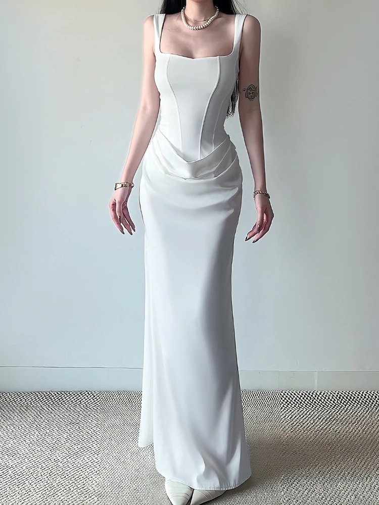 Vestido Sexy Estilo Y2K con Pliegues, Vestido Vintage Harajuku sin Espalda con Tiras para Mujer, Ropa Urbana ​ Vestidos Maxi Grunge con Aberturas