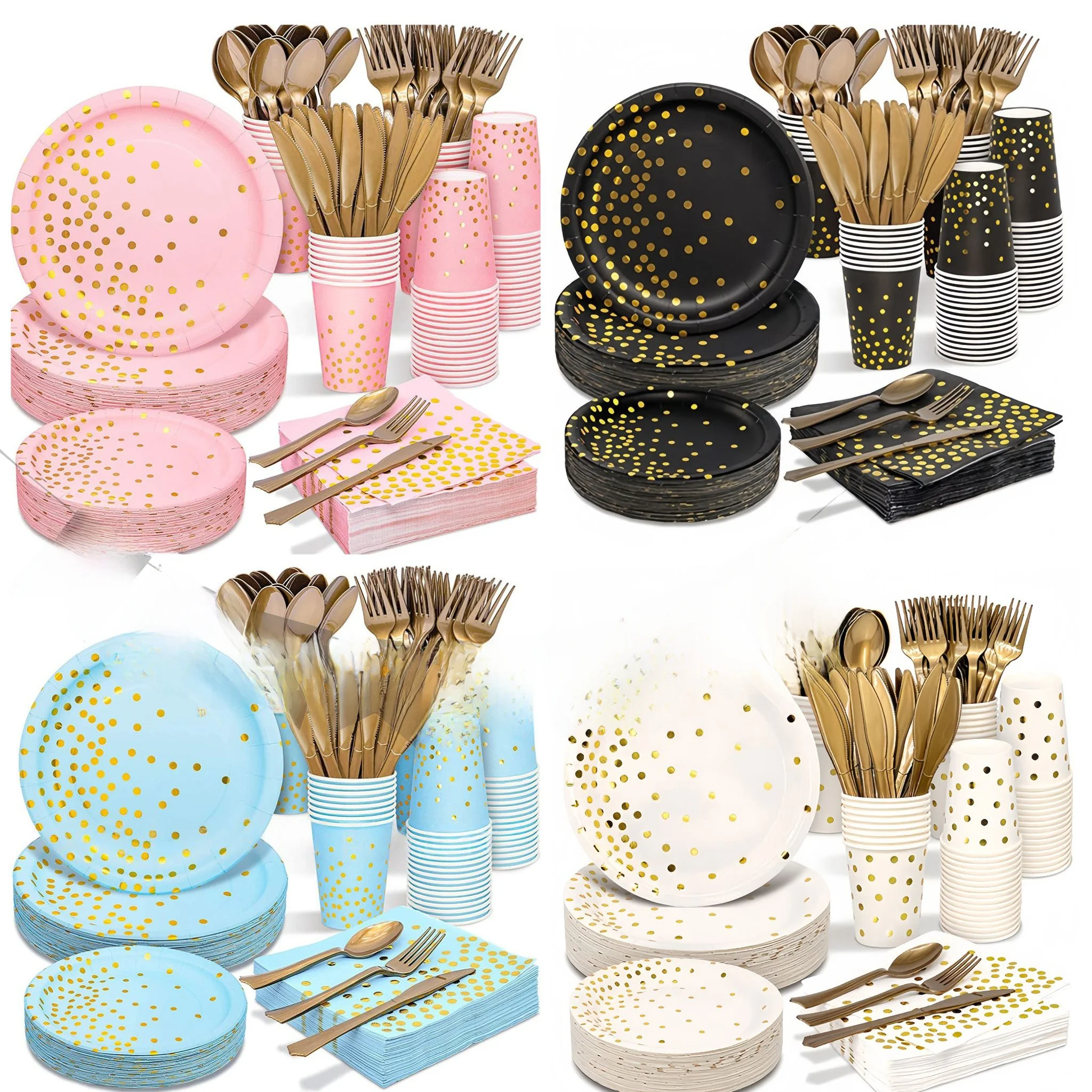 

Gold-Stamped round Dot Par Supplies Disposable Bla White Pink Dinner Plates Cutlery Paper Plate Napkins Paper Cups