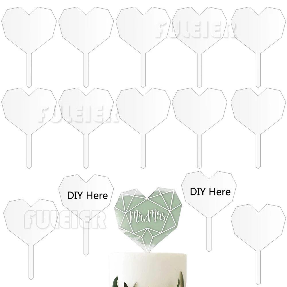 15 or 20pcs DIY Diamond Heart Acrylic Cake Topper Happy Birthday No Texts Blank Acrylic Board For Wedding Cake Decorations Tool