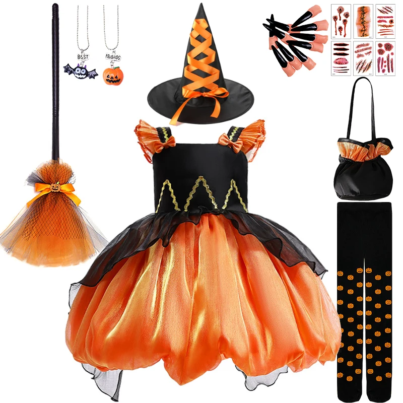 Fantasia Girls Orange Pumpkin Halloween Witch Costume Disguised Children's School Stage Performance Carnival Party Kids Clothes