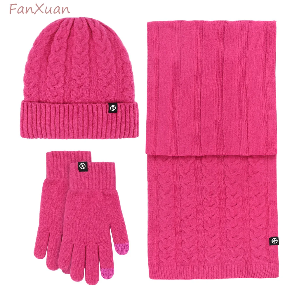 

3pcs Women Winter Long Scarf Beanie Hat Gloves Set Solid Color Fushia Red Yellow Winter Cap Thick Warm Double Layers