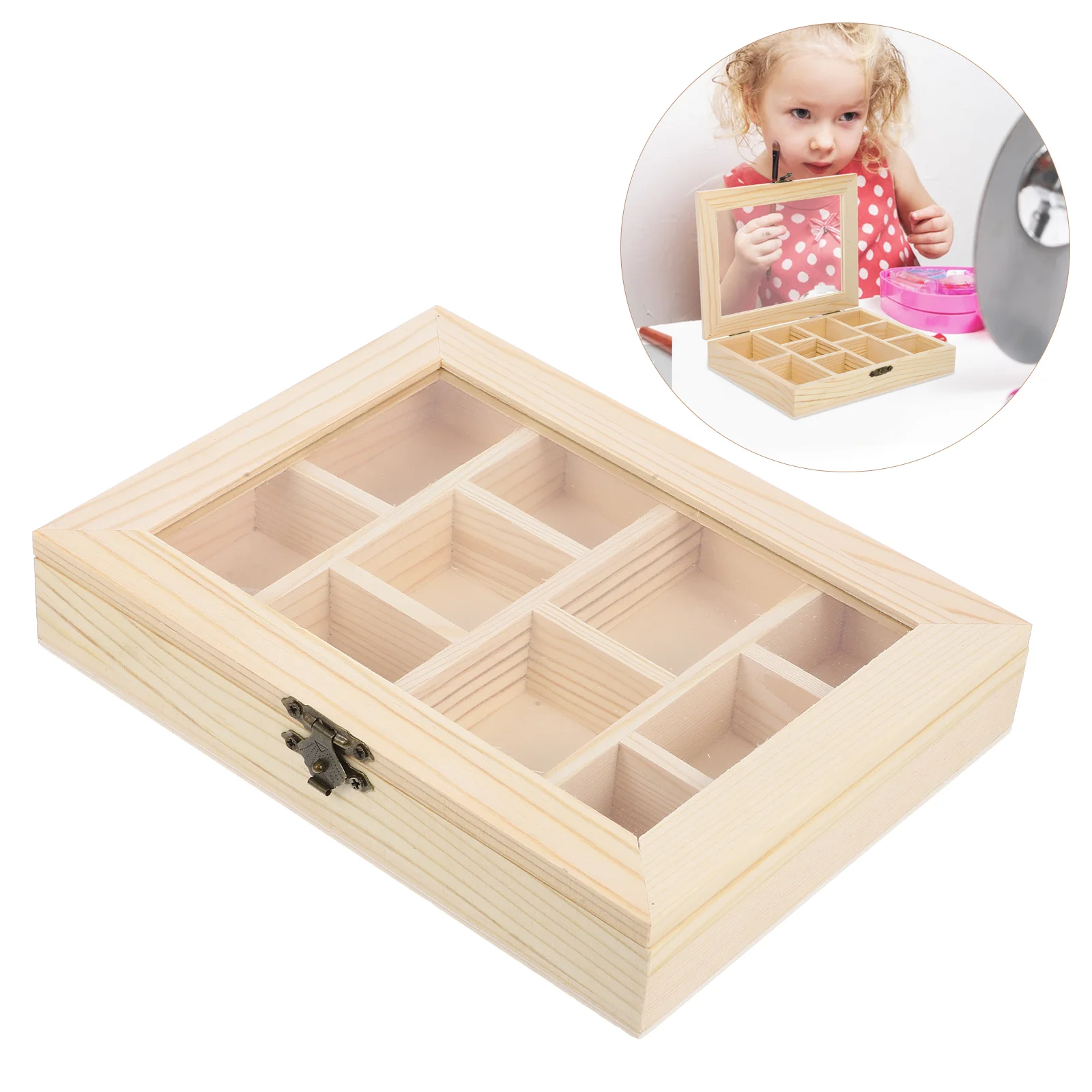 

Unfinished Wooden Jewelry Box for Kids 10 Compartment Storage ganizer Craft Decorative Trinket Display Cabinet Case Wooden