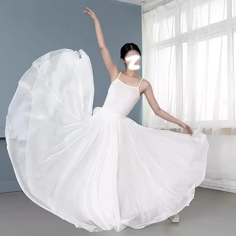 Pure White Chiffon Skirt 720 Degree Wide Hemline Classical Dance Skirt High Waist A-Line Modern Performance Costume