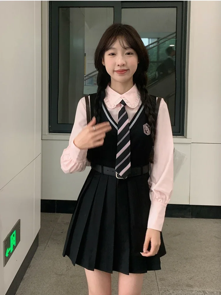 Japanische adrette Art jk Uniform Kleid setzt rosa Puppen kragen Langarm Bluse schwarz plissierte Weste Kleid zweiteilige Set Frauen