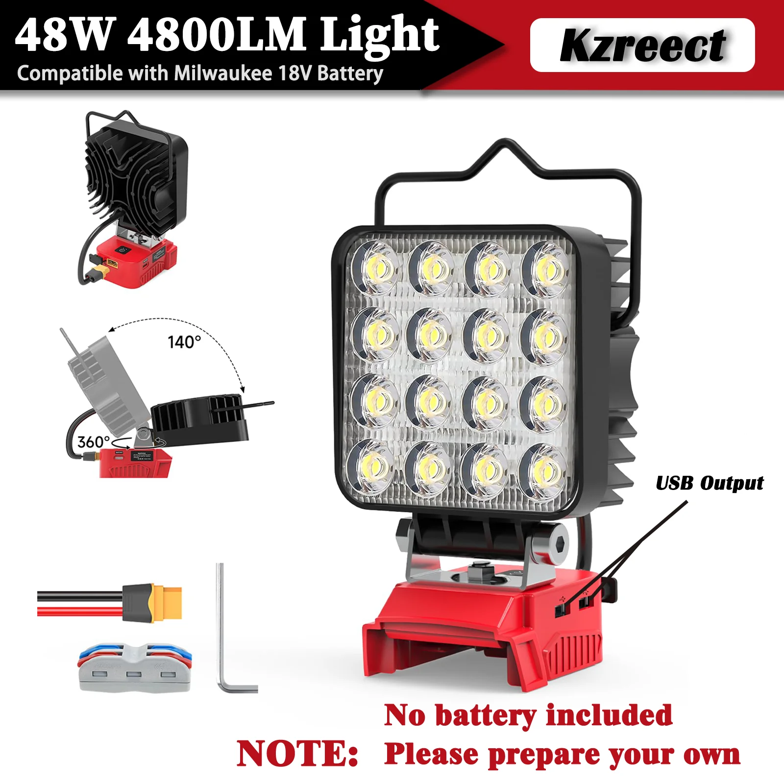 

Kzreect 48W 4800LM Portable LED Work Light Compatible with Mil-wau-kee 18V Battery, Multi-functional Adapter for Outdoor Use