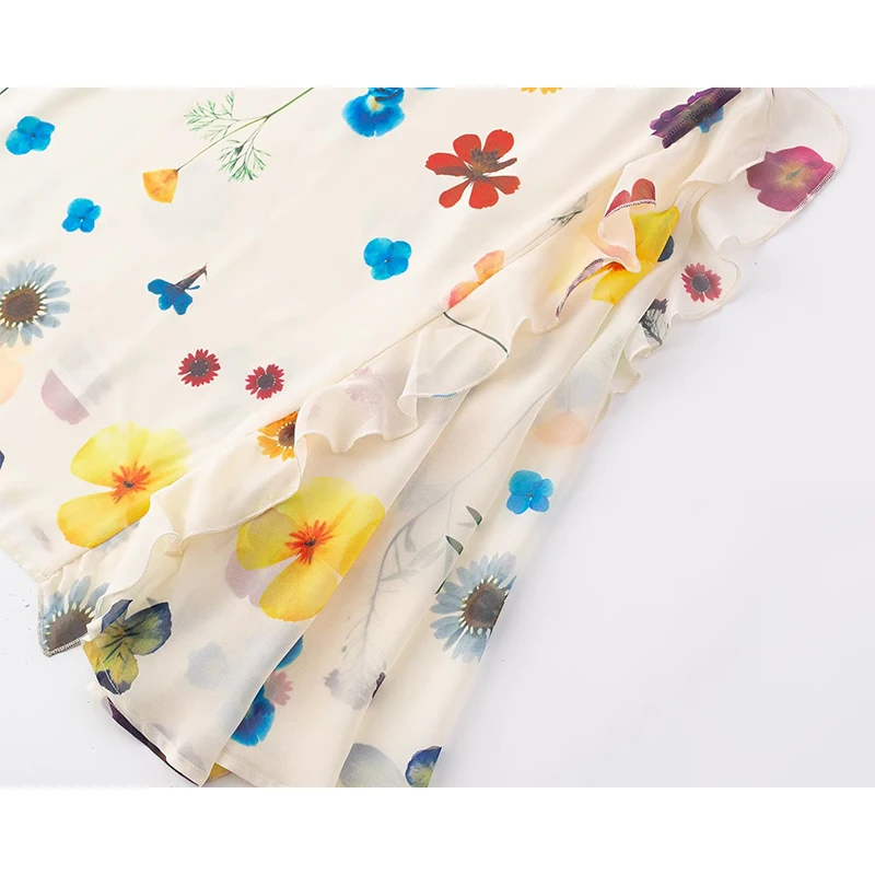 YENKYE الحلو الأزهار طباعة عطلة فستان طويل لعام 2026 المرأة كشكش بلا أكمام الخامس الرقبة ألف خط فساتين الصيف ماكسي رداء #5