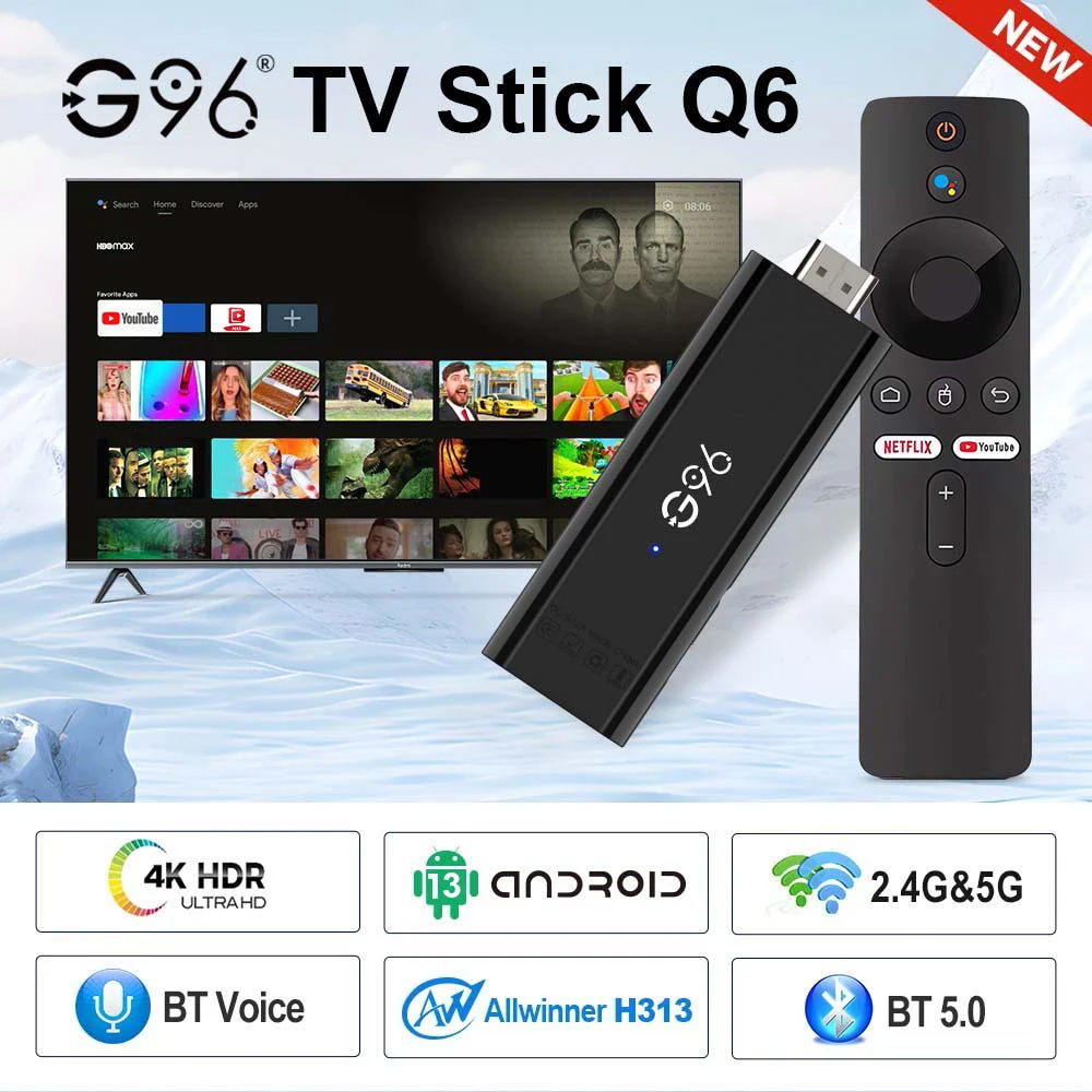 Q6 Mini TV Stick Android 13.0 Allwinner H313 يدعم فيديو 4K وBT5.0 وGoogle Assistant ومشغل بث YouTube مقابل Five TV Stick