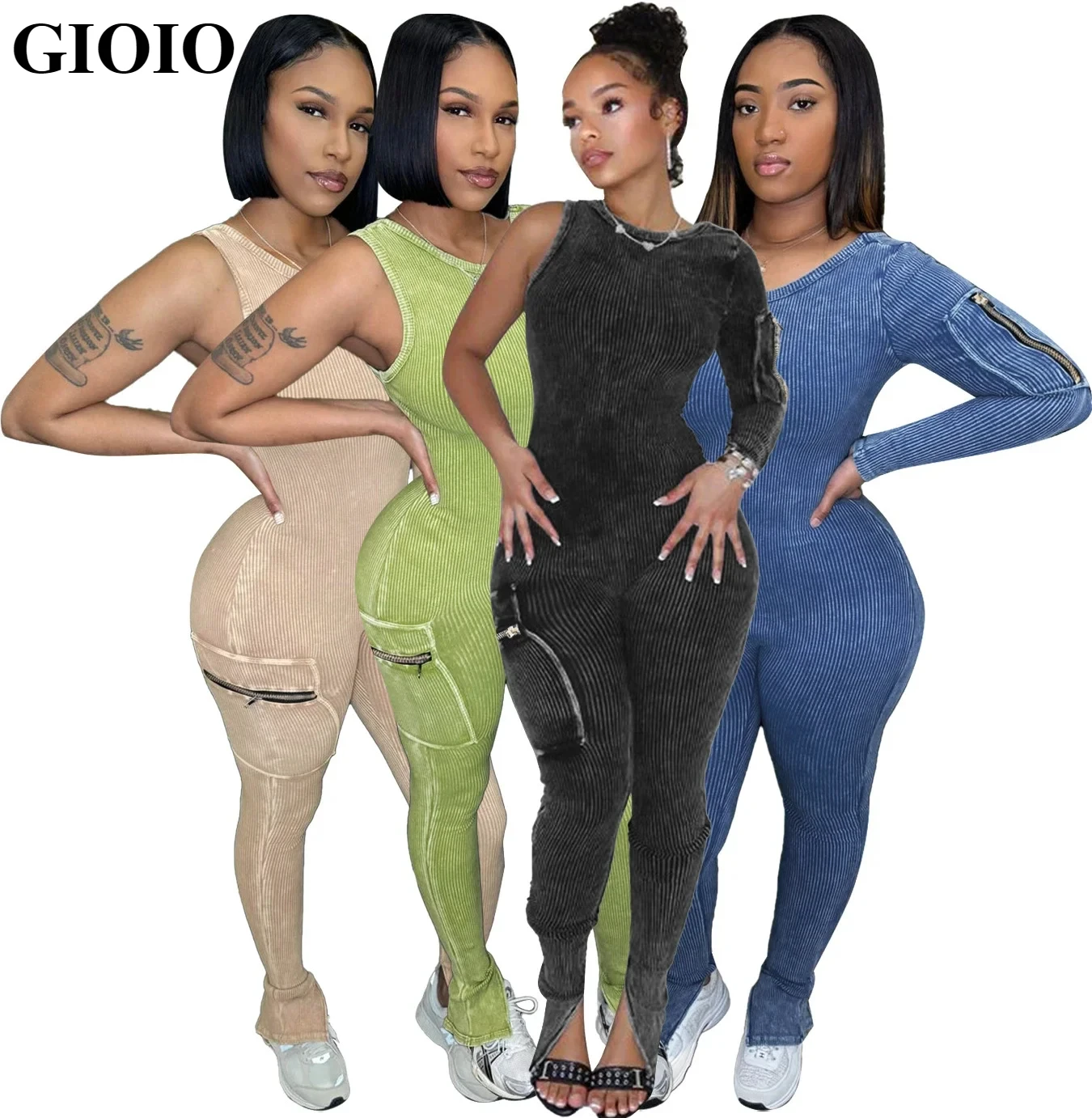 

GIOIO Women Jumpsuit Fall Fashion Stretch Cotton Ribbed Pocket Single Sleeve Tight Jumpsuit Casual Fitness Joggers Romper