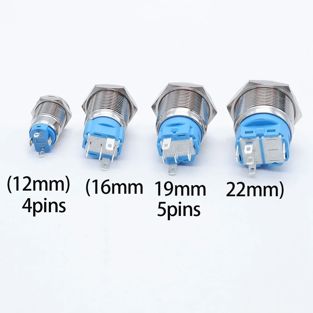 Metal Push Button Switch 12mm 16mm 19mm 22mm Silvery Flat Head Waterproor Power Led Light Self-Lock Momentary Reset 5v 12v 220v