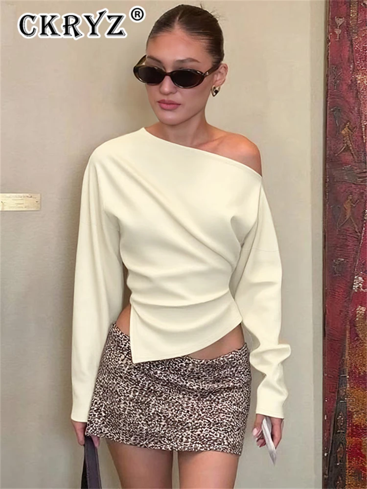 

Ladies Casual Top Women Fashion Slim Slit Long Sleeve Pullover Top Sexy Strapless Pleated New Party Looks Top Female Streetwear