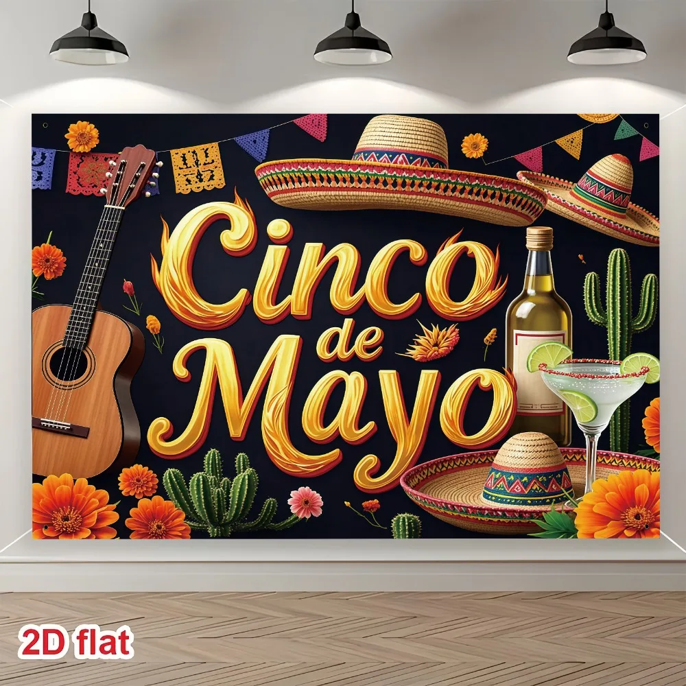 Bannière plate 2D, 1 pièce, fond de scène du Festival mexicain du 5 mai, avec un chapeau de paille à large bord et une tequila