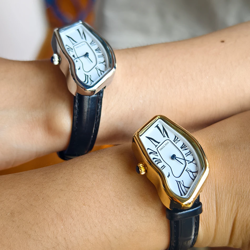 

Melting Watch Vintage Leather Quartz Watch Two Hands Unique Irregular Crash Wristwatch for Men and Women Gold Silver Watches